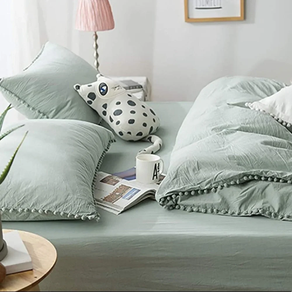New SAGE GREEN Pom Pom Fringe Duvet Cover Set